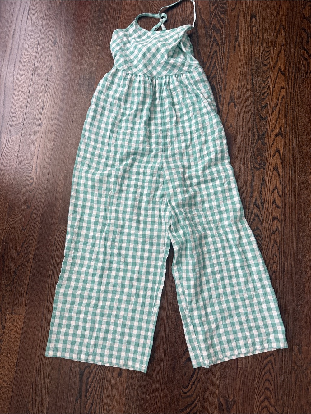 Nordstrom Green and White Tie Back Gingham Plaid Jumpsuit